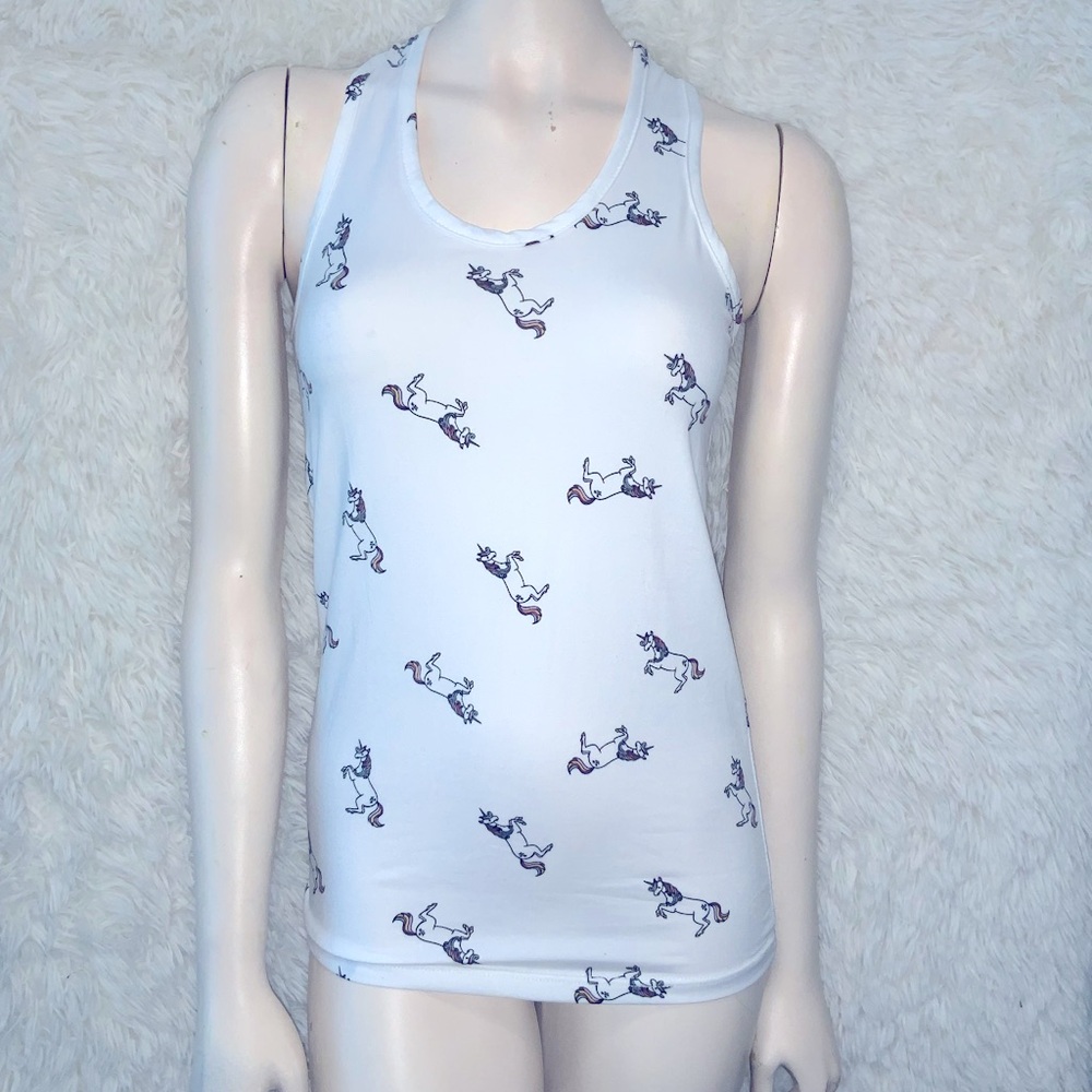 White Racerback Tank Top with Unicorn Print
